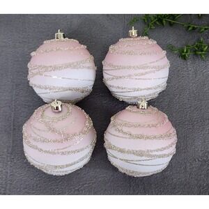 4 Pink Gold Beaded Christmas Round Ball‎ Ornaments Ombre Rose Gold Plastic 4"